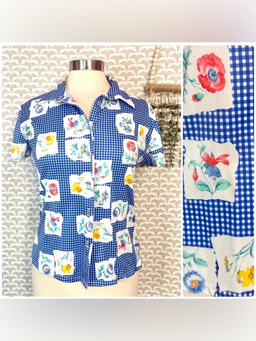 Vtg 90s Blue Plaid Floral Print Flower Button Down Shirt Polyester Y2K Jr Large